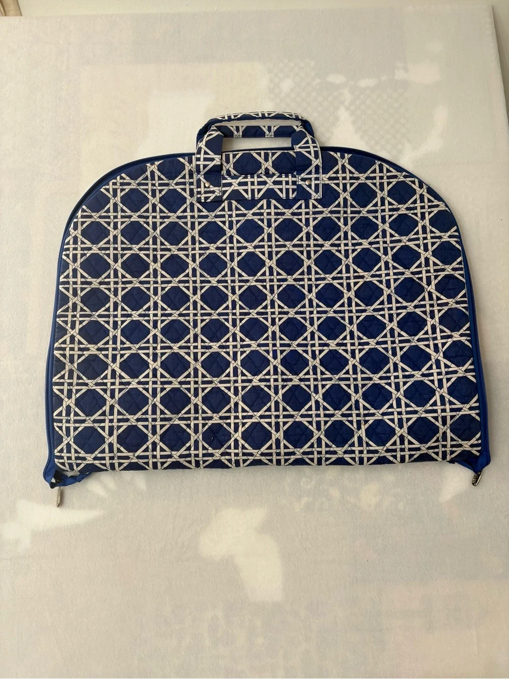 Belvah Quilted Folding Garment Bag Royal Blue White Cane Lattice Travel EUC